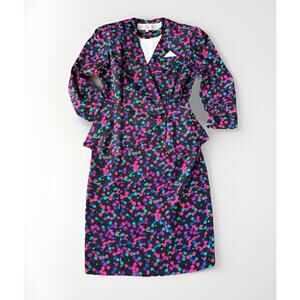 Vintage Liz Roberts Black Bright Dress Size 6 Midi Peplum Shoulder Pads